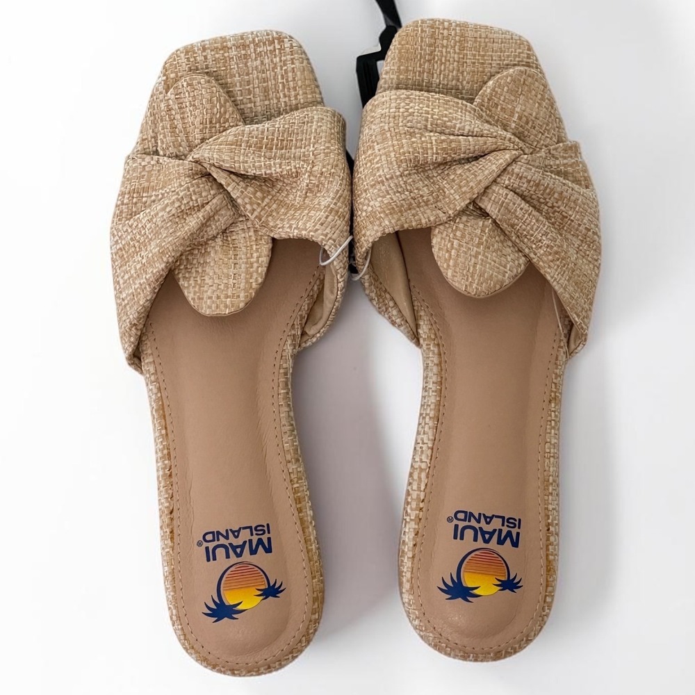 Maui Island Womens Raffia Knotted Twist Square Toe Slide Sandals Beige Tan 9M